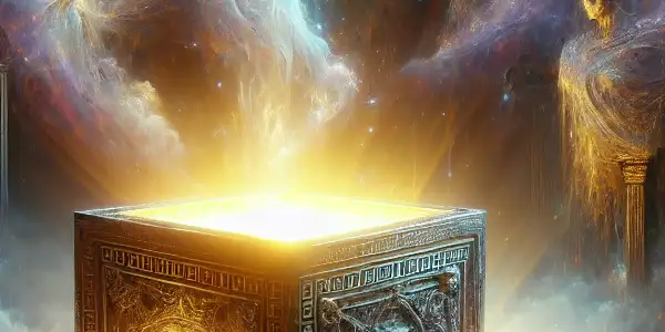 Pandora reaches for a glowing box in a shadowy, mystical environment filled with swirling mist and ancient motifs.