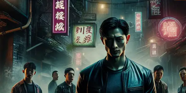 A determined gangster stands in a dimly lit Taiwanese alley, surrounded by rival gang members and neon signs.