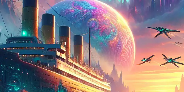 A fantastical landscape with floating mountains and a partially submerged Titanic, merging sci-fi and historical elements.