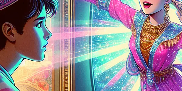 A shy teenage boy stands before a vintage TV, as a vibrant AI girl steps out of a glowing video tape.