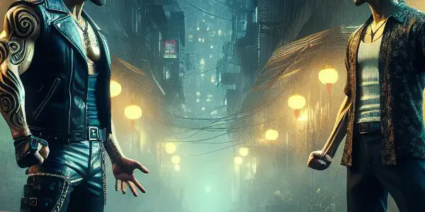 Two male protagonists face off on a gritty urban street in Taiwan, embodying brotherhood and conflict amid neon lights.