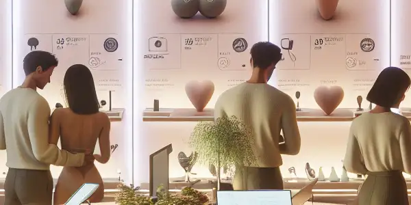 A futuristic adult product store in 2026, featuring diverse customers and innovative, high-tech displays in a modern setting.