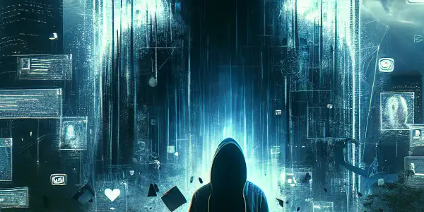 A shadowy figure stands before a glowing smartphone in a dark urban setting, surrounded by ominous digital elements.