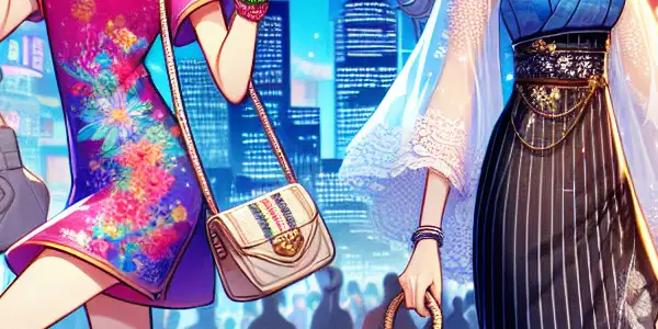 A lively Hong Kong street scene featuring two women in playful mistaken identity, surrounded by colorful market stalls and neon lights.