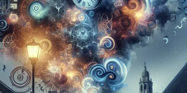 A shadowy figure in a dreamlike urban setting, surrounded by surreal elements and symbols of mystery.