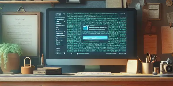 A cozy, dimly lit room featuring a modern computer setup for managing a personal collection with organized elements.