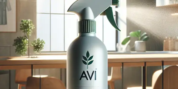 A modern kitchen showcasing a sleek cleaning spray bottle with sunlight, emphasizing rapid sanitation and eco-friendliness.