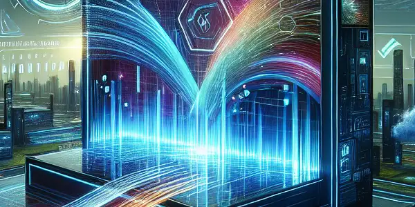 A futuristic technology interface showcasing real-time data analytics and vibrant 4K visuals in a high-tech environment.