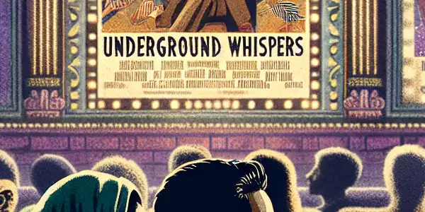 A vintage cinema scene featuring retro movie posters and a couple enjoying an intimate moment in dim lighting.