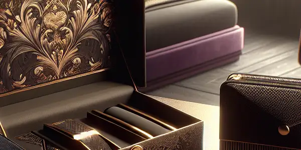 A luxurious velvet box displaying high-end adult toys in a chic, softly lit bedroom setting.