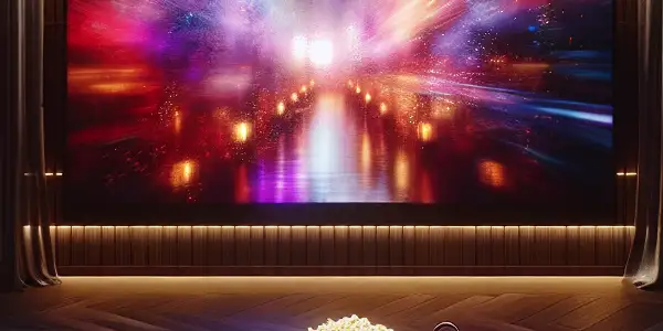 A cozy, dimly lit room with plush furnishings and a large screen displaying abstract romantic visuals.