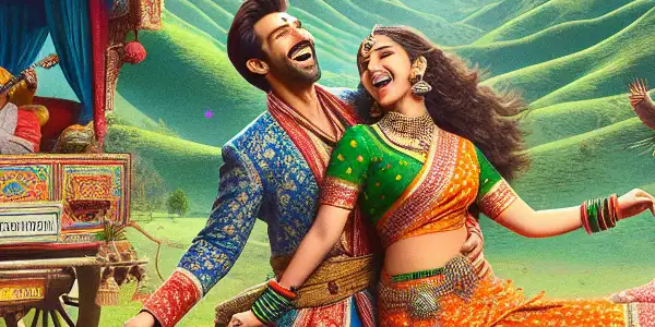 A joyful couple in traditional Indian attire dances beside a colorful caravan in a lush, vibrant landscape.