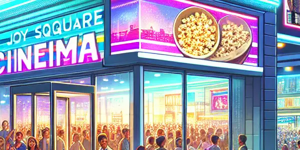 A bustling modern cinema in a vibrant urban setting, filled with excited moviegoers and bright neon signs.