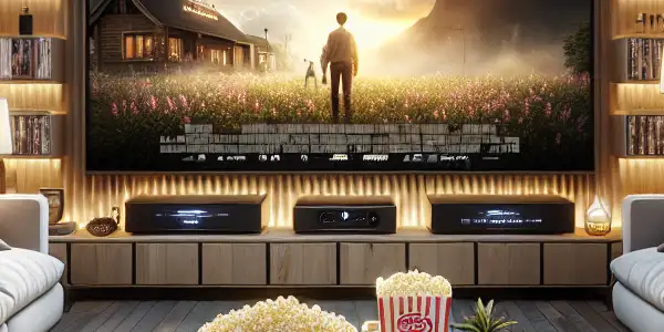 A cozy modern living room with a home theater, featuring a large TV, plush sofas, and a stylish coffee table.