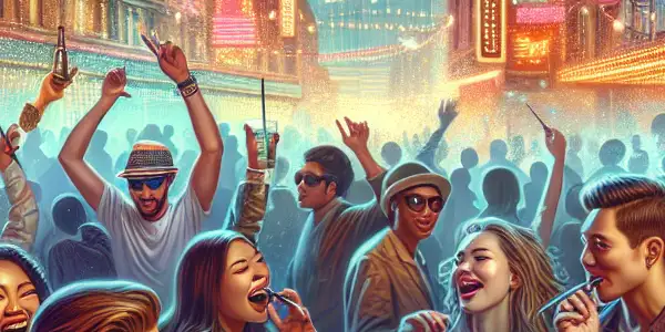 A lively nightlife scene in Lan Kwai Fong, Hong Kong, featuring young adults enjoying vibrant interactions under neon lights.