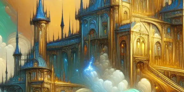 A whimsical scene featuring Howl's Moving Castle, with Sophie and Howl in a vibrant, magical landscape.