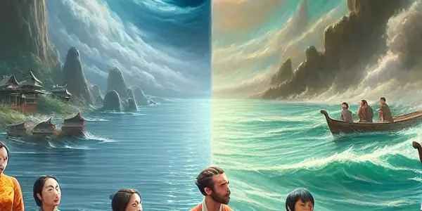 A captivating movie poster showcasing a traditional Asian family dinner and a boy's adventure at sea with a tiger.