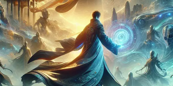 A dramatic confrontation between heroes and otherworldly invaders in a mystical, foggy landscape with ancient architecture.