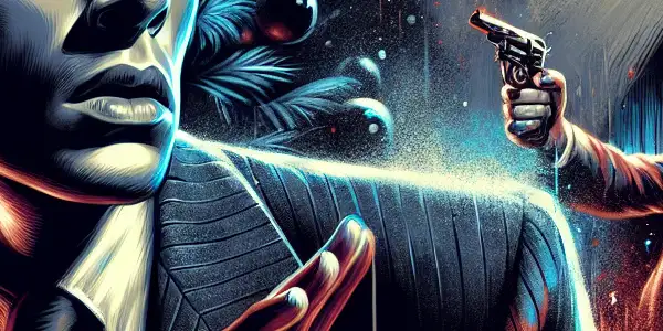 A tense character in a dimly lit scene, surrounded by chaos and dark humor, evokes classic thriller suspense.