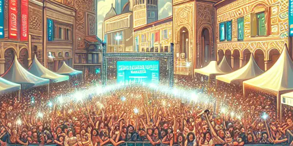 A vibrant outdoor scene at the Montreal International Film Festival, featuring a red carpet, celebrities, and multicultural festivities.