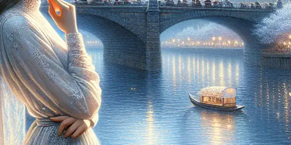 A young woman in 1960s fashion gazes at a moonlit river, surrounded by cherry blossoms and glowing lanterns.