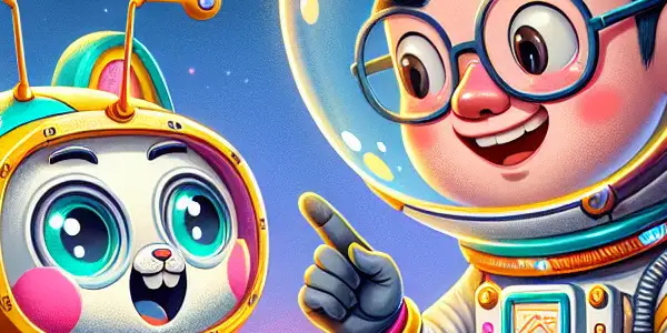 A humorous scene on the moon featuring a character in a space suit interacting with a quirky robot.