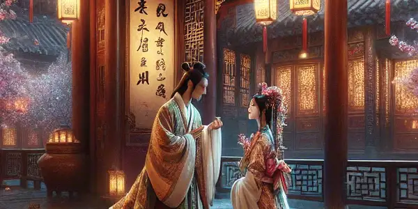 A romantic scene in a traditional Chinese courtyard with blooming cherry blossoms, featuring a noble woman and a scholar.