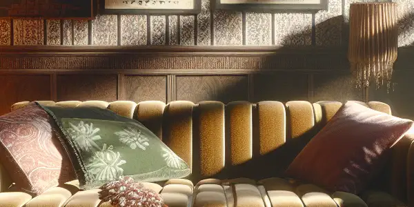 A nostalgic 1980s Japanese living room with vintage furniture, a film projector, and classic movie posters.