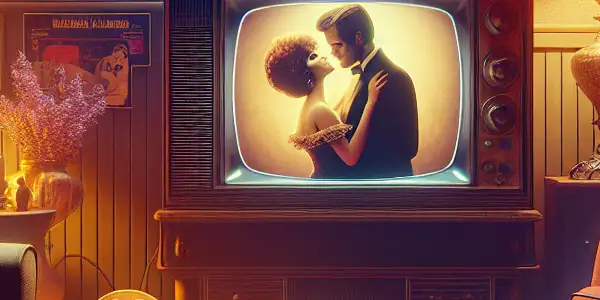 A cozy vintage living room showcasing retro decor, a classic TV playing a romantic scene, and nostalgic memorabilia.