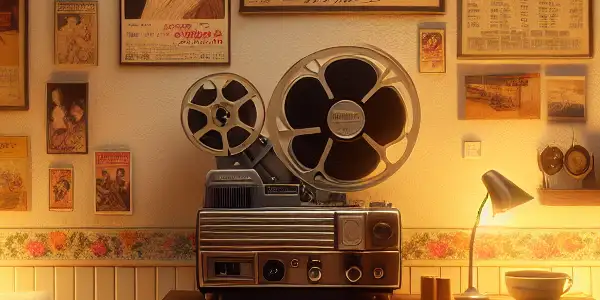 A cozy room filled with vintage Japanese movie posters, a classic film projector, and nostalgic memorabilia.