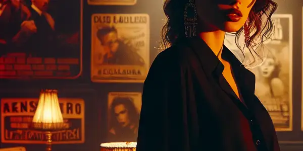 A confident female figure in a dimly-lit room, surrounded by vintage movie posters and film reels, exuding allure and intrigue.