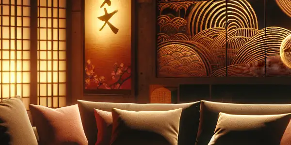 Cozy living room with ambient lighting, a comfortable sofa, snacks, and a large screen displaying cinematic elements.