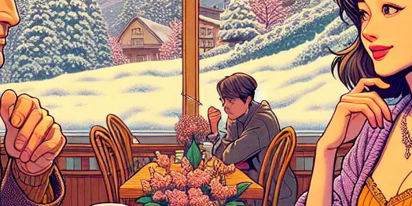 A cozy café scene with Qin Fen and Liang Xiaoxiao enjoying coffee and playful conversation, set against a snowy backdrop.<a href=