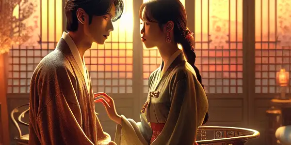 A romantic scene in a vintage Korean room, featuring two actors expressing intimacy amidst cultural decorations and soft lighting.