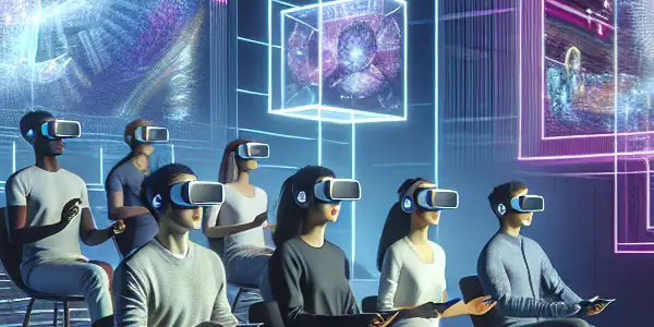 A futuristic Japanese AV studio with viewers in VR headsets immersed in holographic adult entertainment experiences.