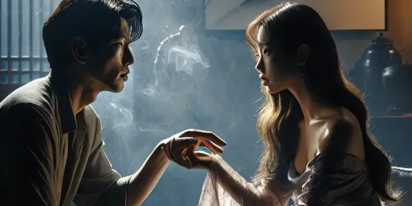 A dimly lit living room captures a tense moment between a man and a woman, symbolizing forbidden love.