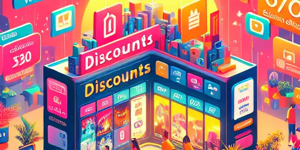 A lively virtual marketplace showcasing adult entertainment discounts with diverse characters exploring various content categories.