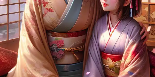 Two sisters share a warm, intimate moment in a cozy, traditionally decorated Japanese room.