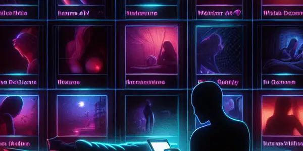 A sleek digital interface of an adult film website, featuring glowing thumbnails and a cozy home background.