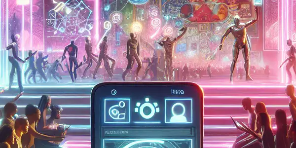 A futuristic digital platform for adult entertainment featuring diverse users engaged with devices amidst vibrant neon lights.