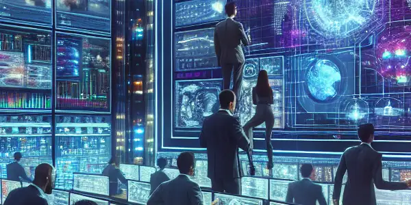 A futuristic control room with diverse professionals optimizing adult film distribution through advanced technology and data analysis.