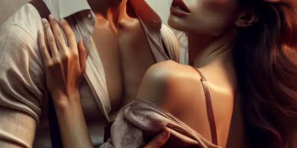 A passionate moment between a couple in a warm, intimate café blending modern and traditional Korean elements.