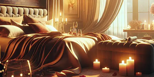 A romantic bedroom scene with soft lighting, plush bedding, lubricants, candles, and a glass of wine.