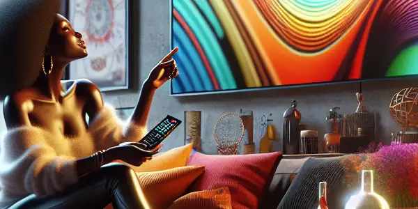 A cozy living room scene featuring a person enjoying adult films on a large screen, surrounded by snacks and ambient lighting.