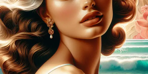 A young woman named Juliette on a sun-drenched beach, embodying freedom and sensuality amidst tropical plants.