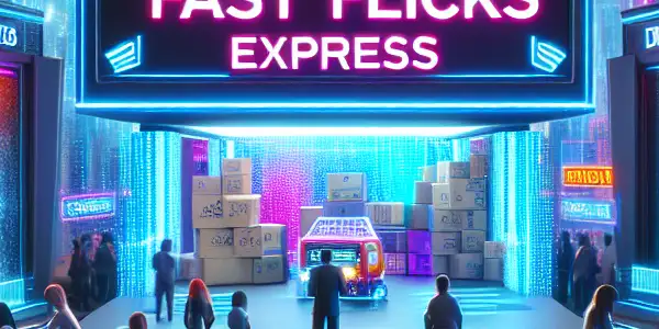 A futuristic delivery hub for adult entertainment with diverse customers interacting with holographic interfaces and neon lights.