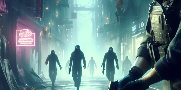 A determined male agent confronts grotesque zombies in a dark, rain-soaked urban environment filled with eerie shadows.