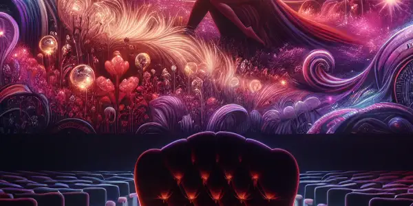 A luxurious movie theater scene with a velvet armchair, romantic imagery on screen, and vibrant neon lights.