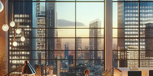 A modern office scene featuring stylish furniture and subtle artistic representations of adult themes, infused with Japanese aesthetics.