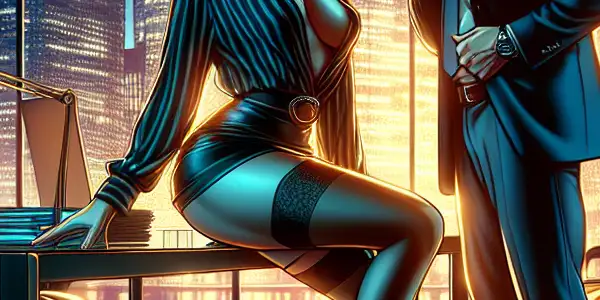A modern office scene featuring two elegantly dressed individuals in a flirtatious conversation amid a sophisticated, adult-themed atmosphere.